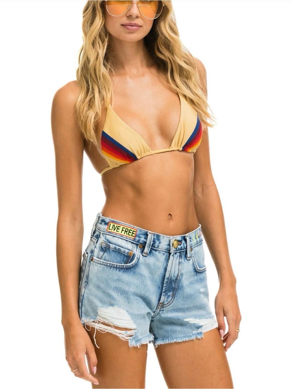 Aviator Nation Light Wash Denim Jean Shorts with Distressed Hem